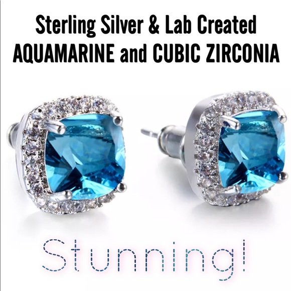 Sterling Silver & Lab Created Aquamarine Studs - Picture 1 of 3